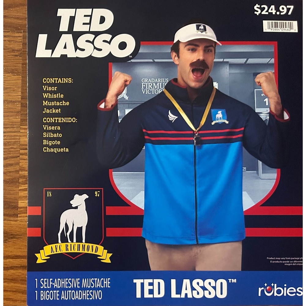 Mens Ted Lasso Halloween Costume Jacket Whistle Visor Mustache Sz XL (40/42) NIP